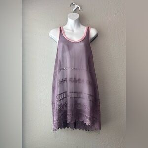 Free People Lavender Pink Lace Tank Top Dress Sheer Festival Boho Overlay Large